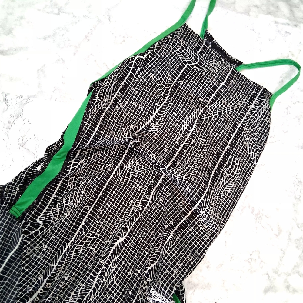 SPEEDO Black, White Color & Green Border One Piece with Green Size 14